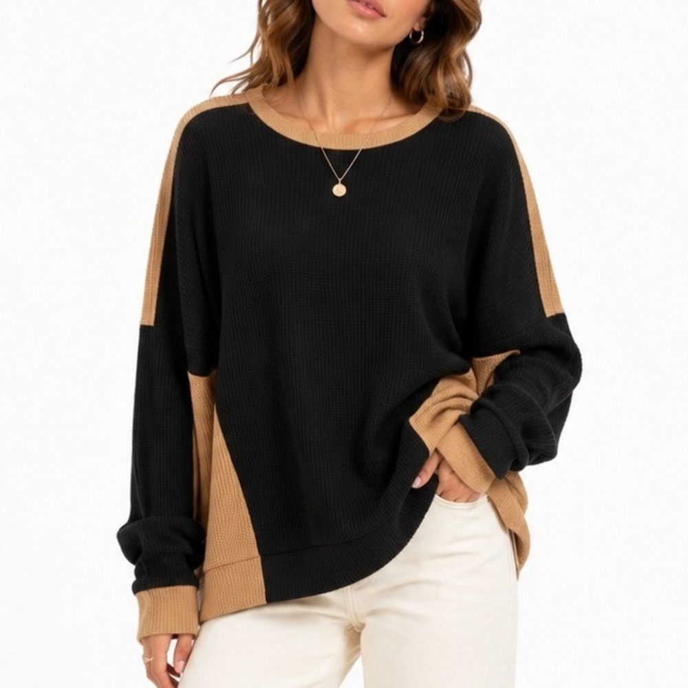 DOT Retro 80's Ribbed Colorblock Long Sleeve Top Black Tan Crew Neck XL